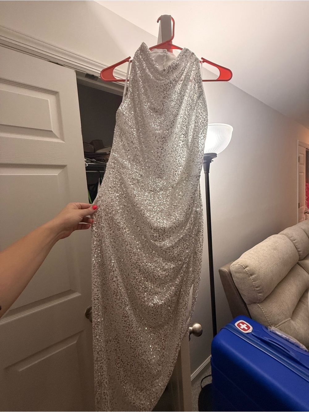 Lulu's Silver Sequin Cowl Neck Prom Dress